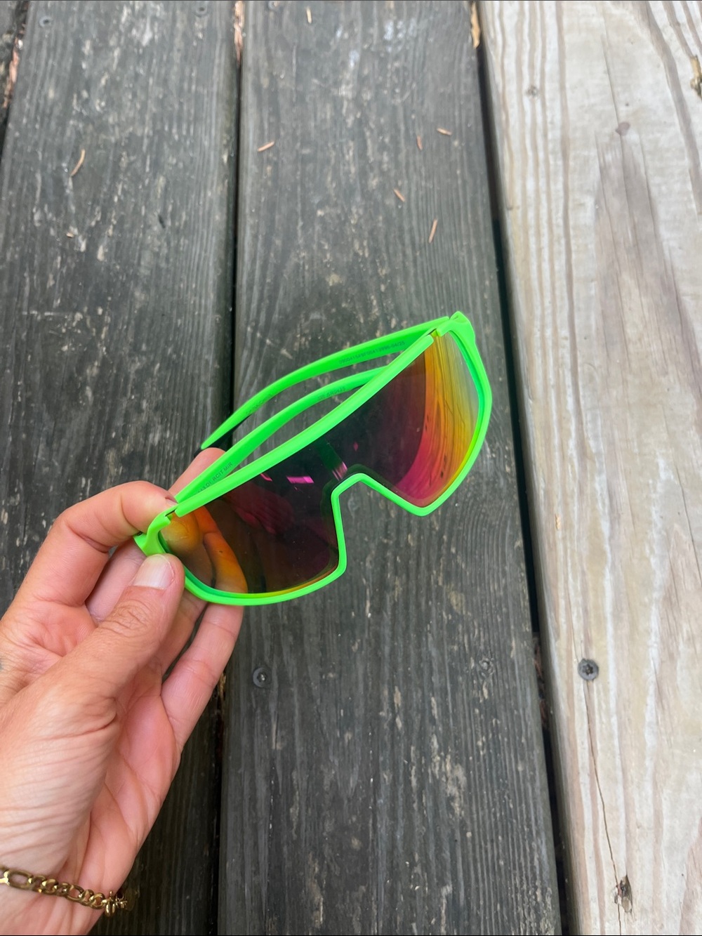 Target Neon Green Shield Sunglasses with Iridescent Mirror Lenses